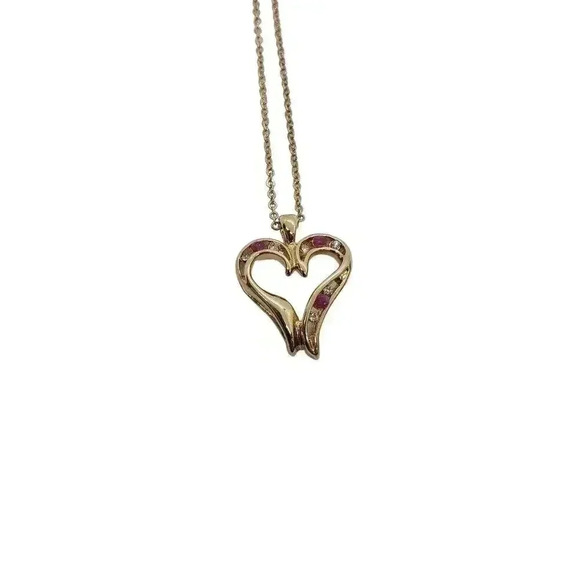 Ruby Large Heart Pendant Necklace 14K Gold EP & Chain cz accents - Picture 8 of 13
